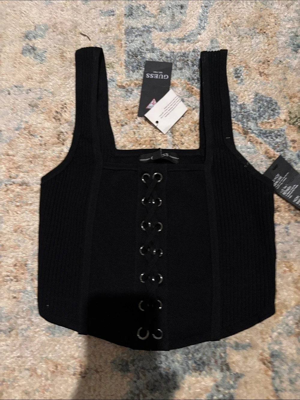 Guess Black Ribbed Lace-Up Crop Top - Picture 1 of 3